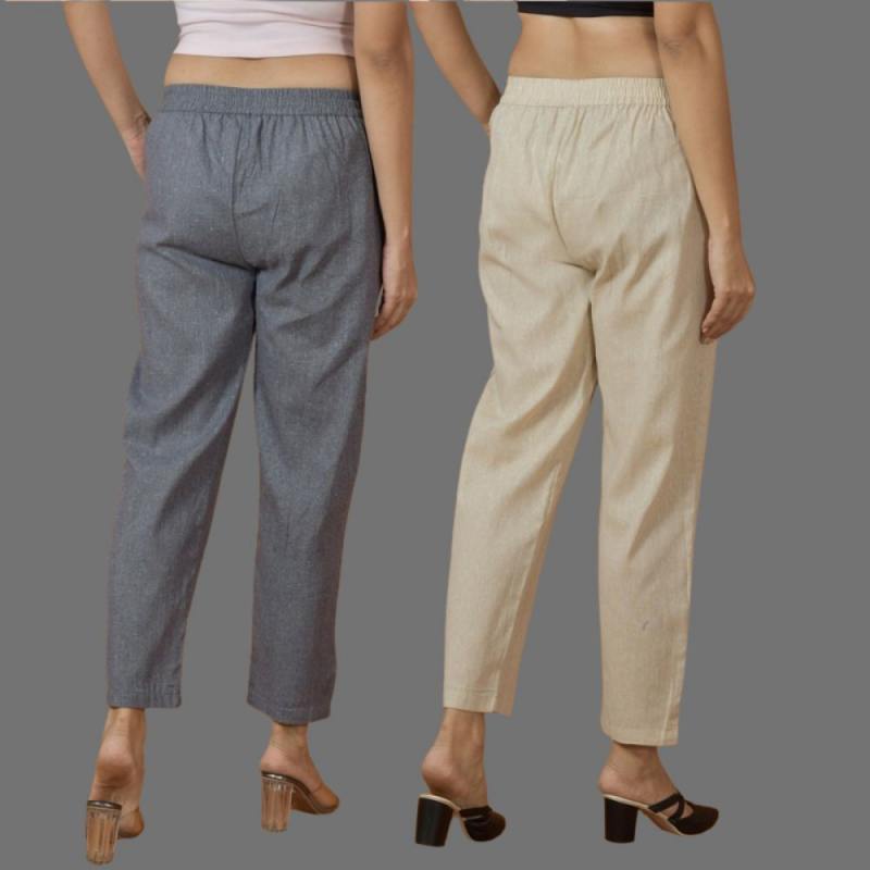 Combo of 2 Women Beige Gray Cotton Trouser Pant-10098