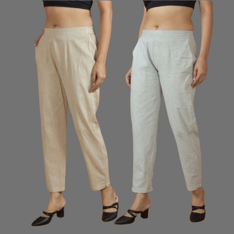 Combo of 2 Women Beige Light Gray Cotton Trouser Pant-10099