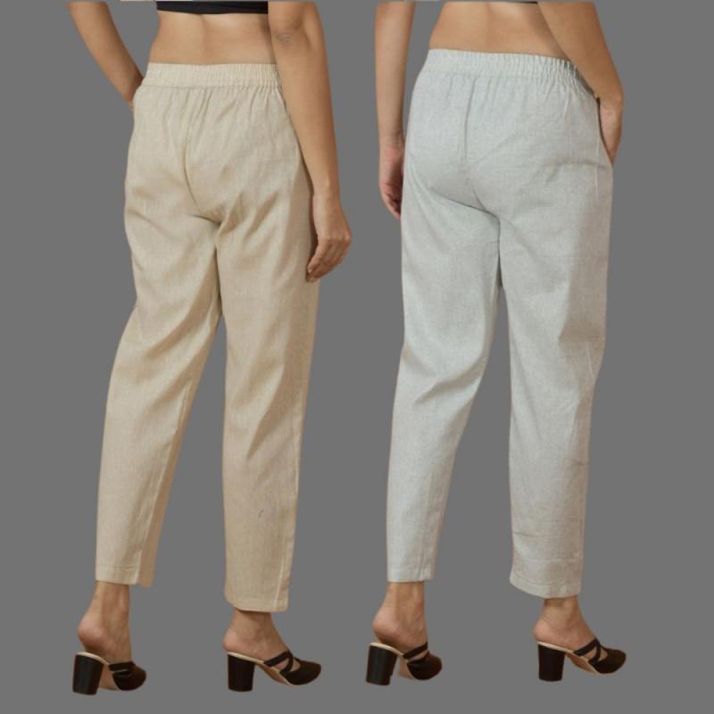 Combo of 2 Women Beige Light Gray Cotton Trouser Pant-10099