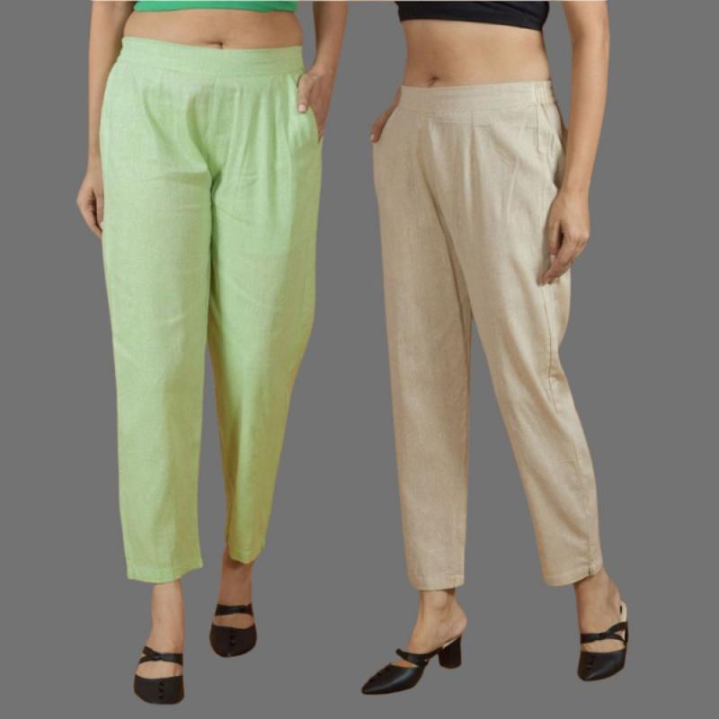 Combo of 2 Women Beige Mint Green Cotton Trouser Pant-10100