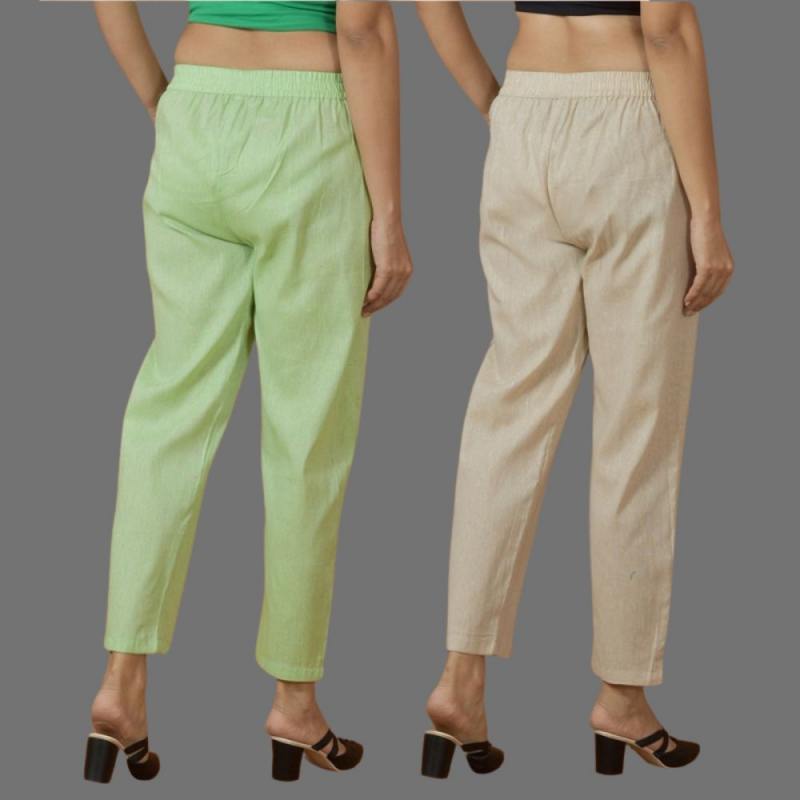 Combo of 2 Women Beige Mint Green Cotton Trouser Pant-10100