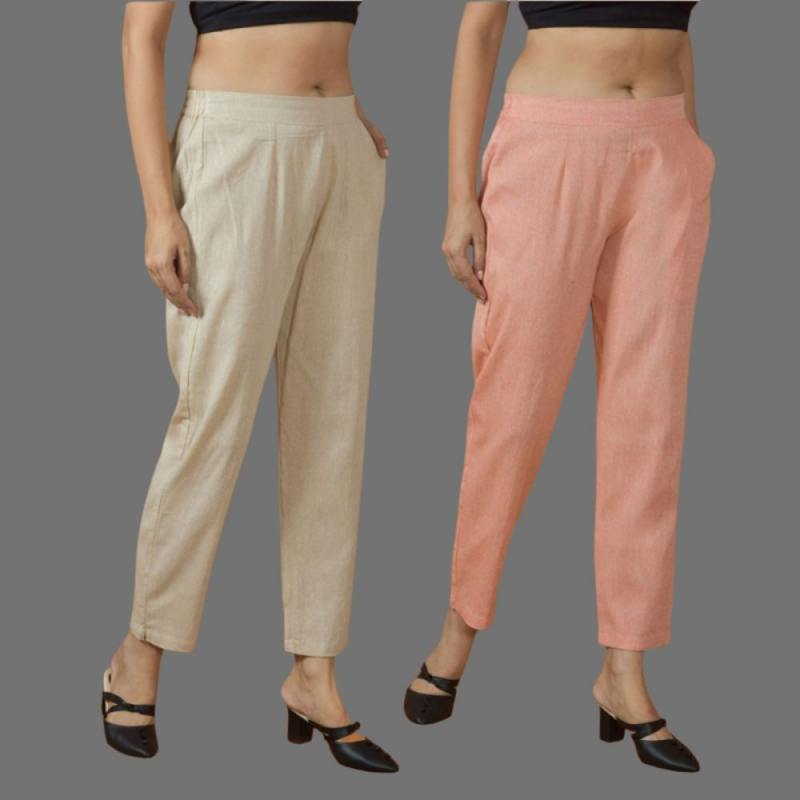 Combo of 2 Women Beige Peach Cotton Trouser Pant-10101