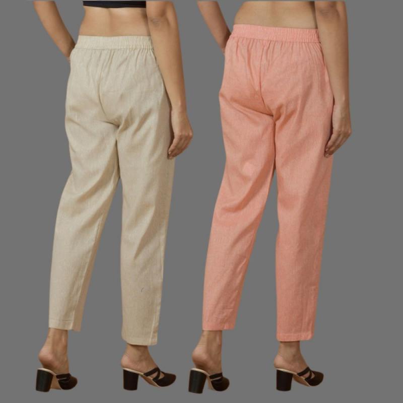 Combo of 2 Women Beige Peach Cotton Trouser Pant-10101