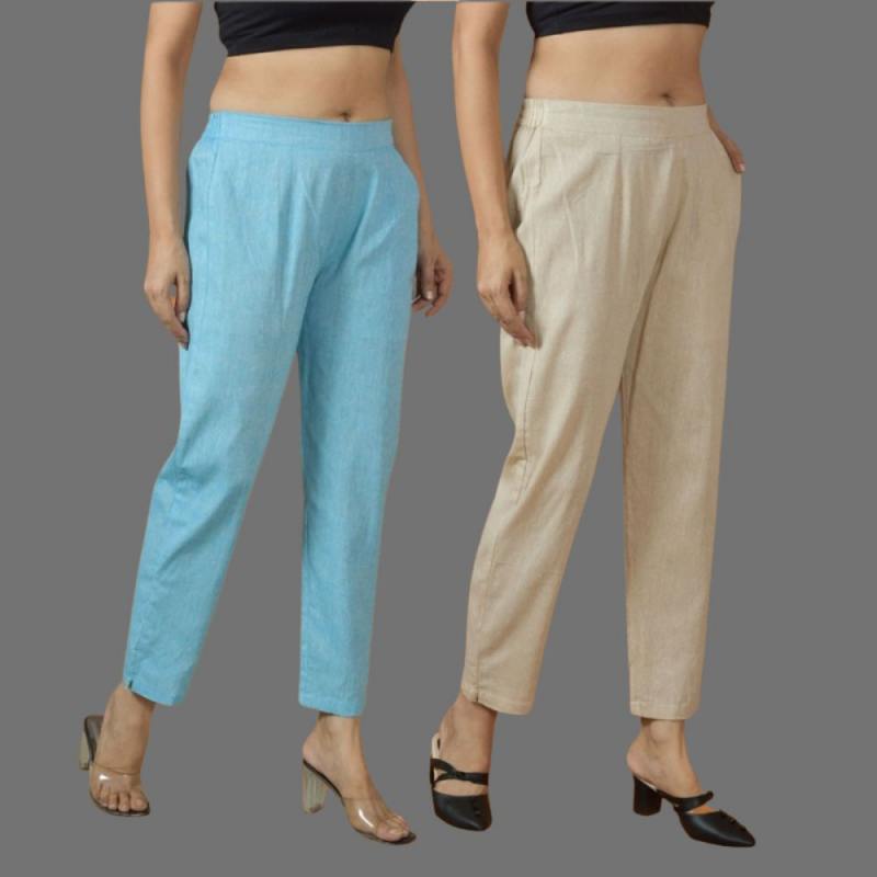 Combo of 2 Women Beige Sky Blue Cotton Trouser Pant-10102