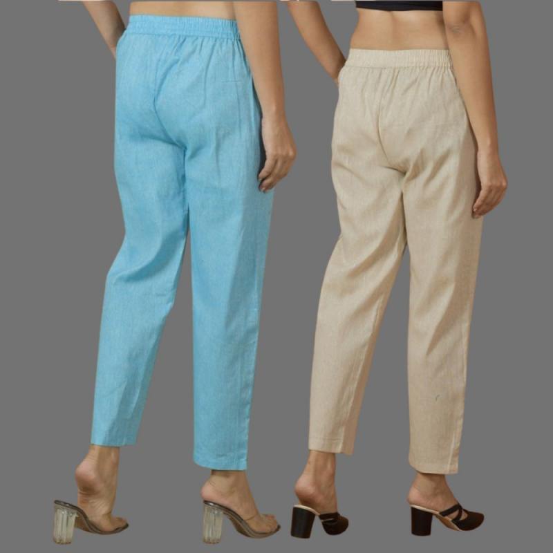 Combo of 2 Women Beige Sky Blue Cotton Trouser Pant-10102