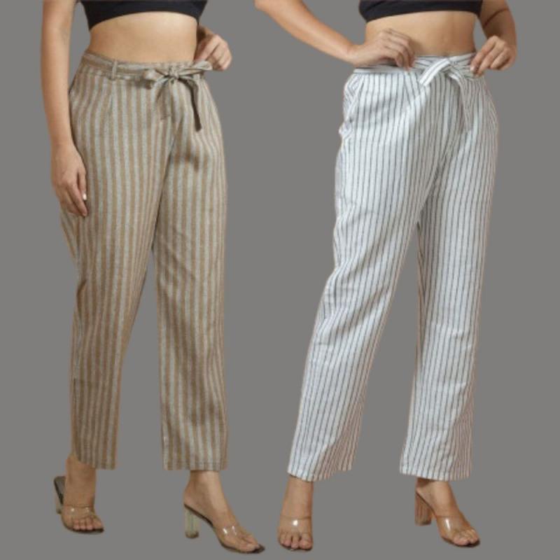Combo of 2 Women Yellow White Cotton Checks Belt Pant-10065