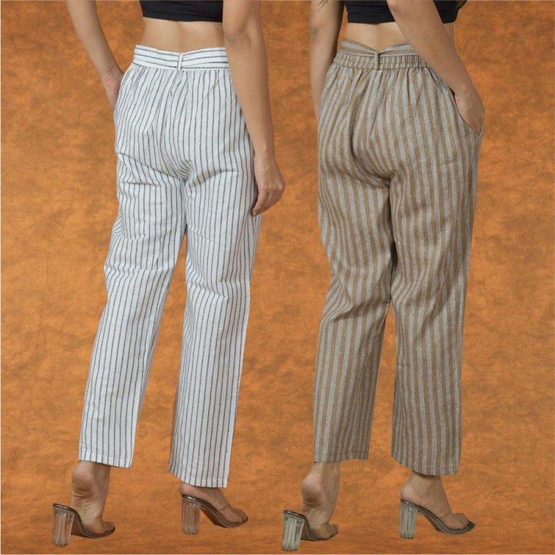 Combo of 2 Women Yellow White Cotton Checks Belt Pant-10065