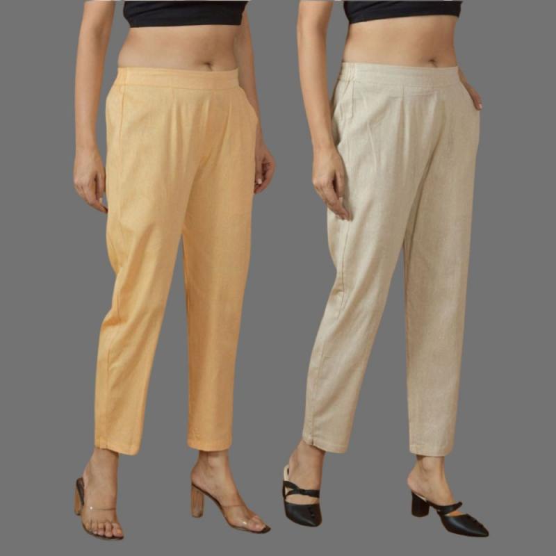Combo of 2 Women Beige Yellow Cotton Trouser Pant-10103