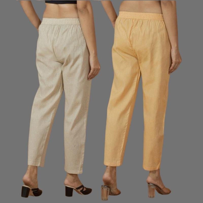 Combo of 2 Women Beige Yellow Cotton Trouser Pant-10103