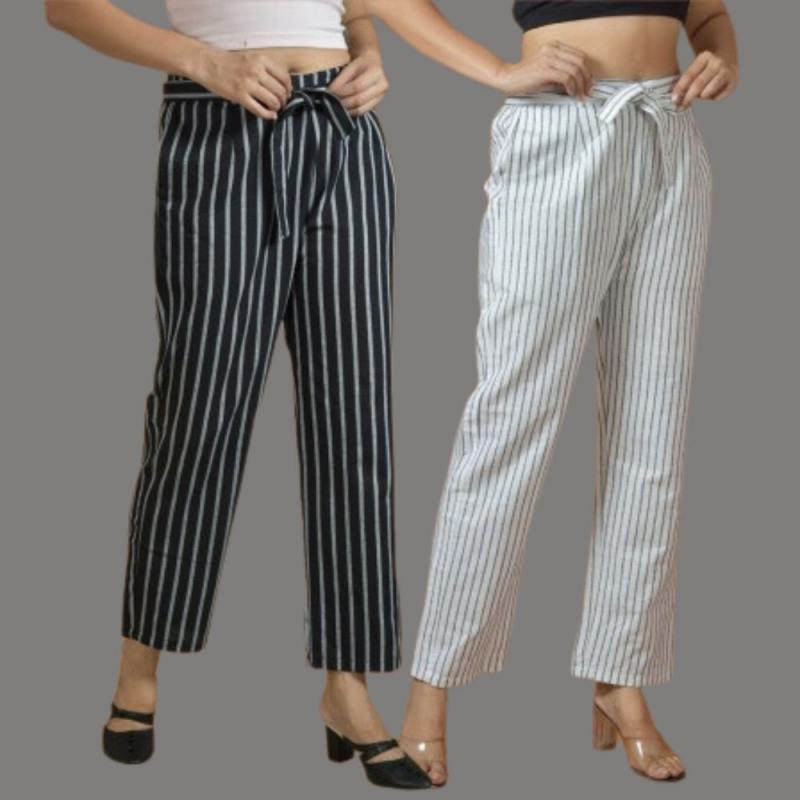 Combo of 2 Women Yellow Pink Cotton Checks Belt Pant-10083