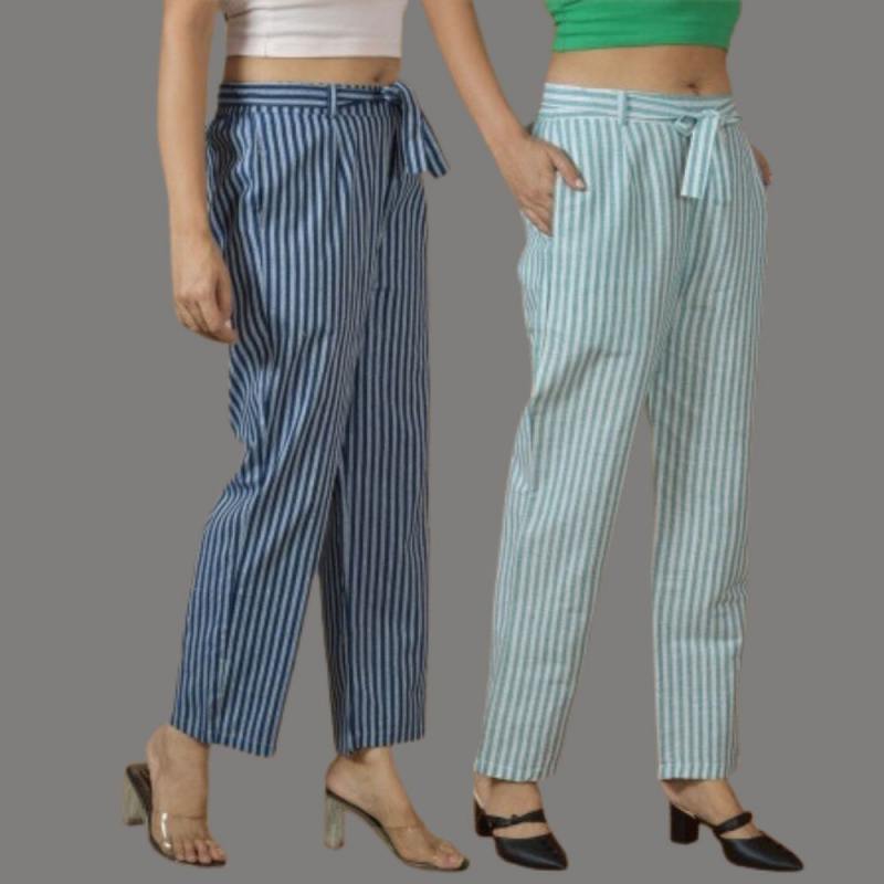 Combo of 2 Women Pink Maroon Cotton Checks Belt Pant-10089