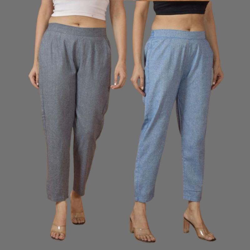Combo of 2 Women Blue Gray Cotton Trouser Pant-10104