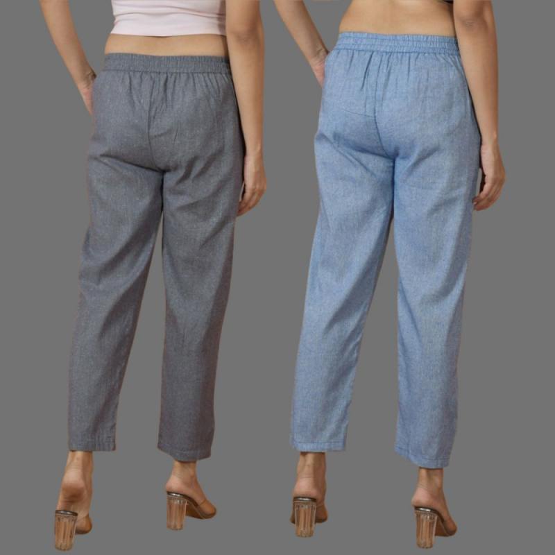 Combo of 2 Women Blue Gray Cotton Trouser Pant-10104