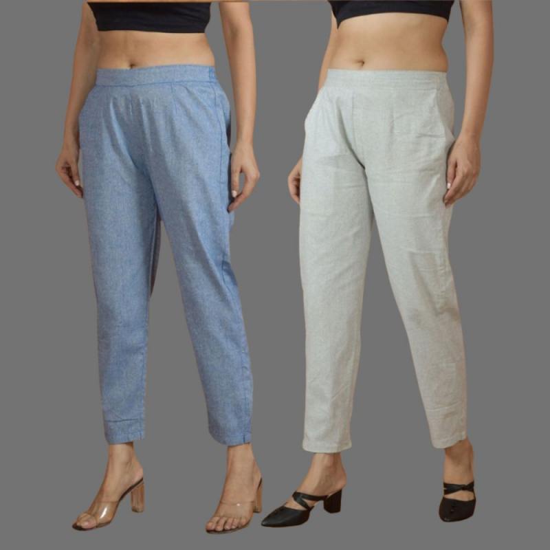 Combo of 2 Women Blue Light Gray Cotton Trouser Pant-10105
