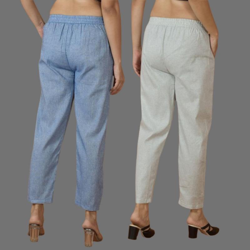 Combo of 2 Women Blue Light Gray Cotton Trouser Pant-10105