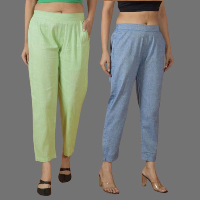 Combo of 2 Women Blue Mint Green Cotton Trouser Pant-10106