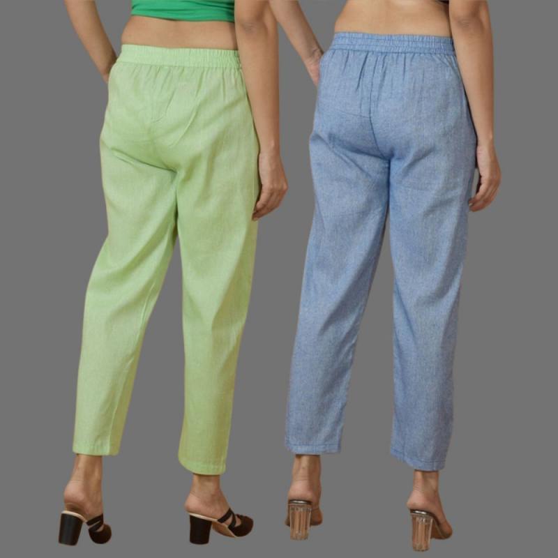 Combo of 2 Women Blue Mint Green Cotton Trouser Pant-10106