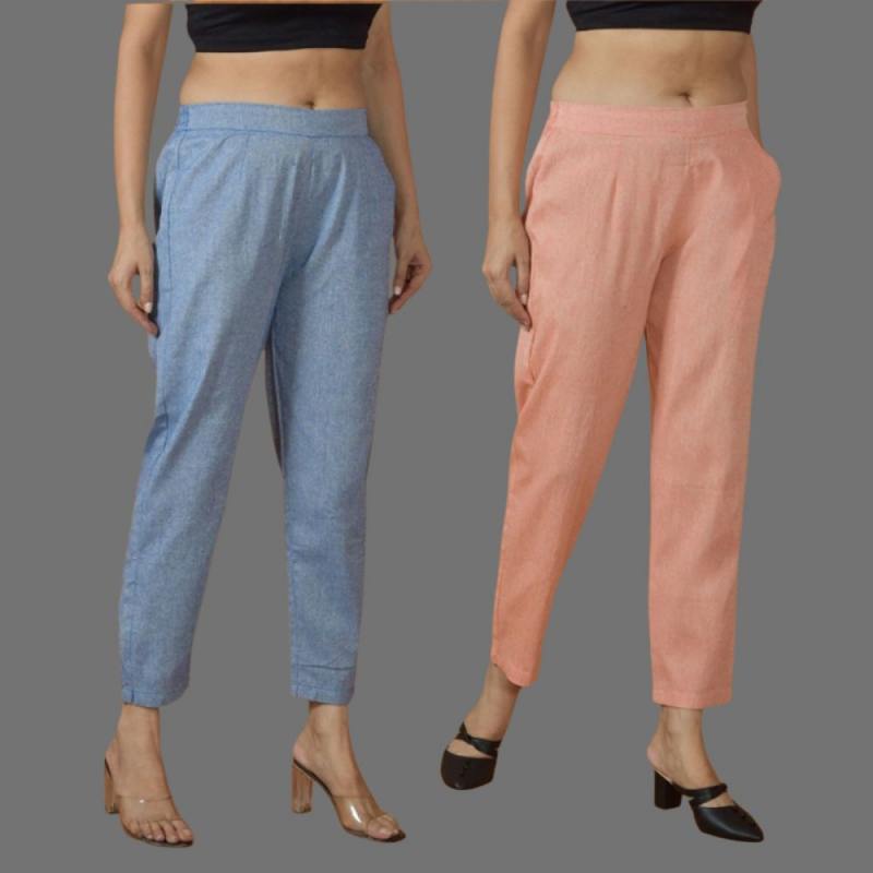 Combo of 2 Women Blue Peach Cotton Trouser Pant-10107