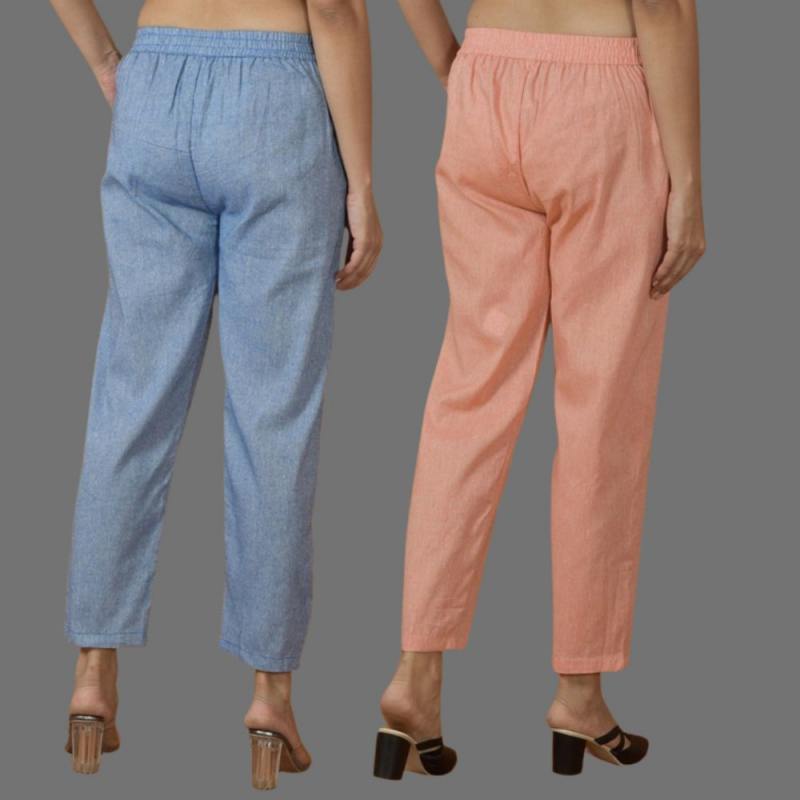 Combo of 2 Women Blue Peach Cotton Trouser Pant-10107