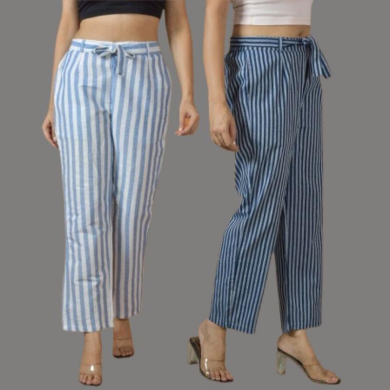 Combo of 2 Women White Blue Cotton Checks Belt Pant-10090
