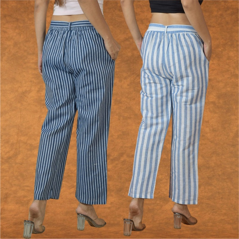 Combo of 2 Women White Blue Cotton Checks Belt Pant-10090