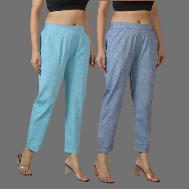 Combo of 2 Women Blue Sky Blue Cotton Trouser Pant-10108