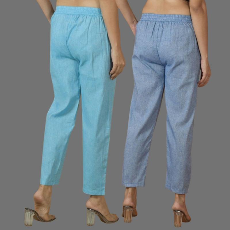 Combo of 2 Women Blue Sky Blue Cotton Trouser Pant-10108
