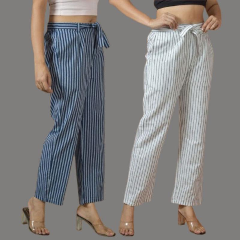 Combo of 2 Women Yellow Blue Cotton Checks Belt Pant-10087