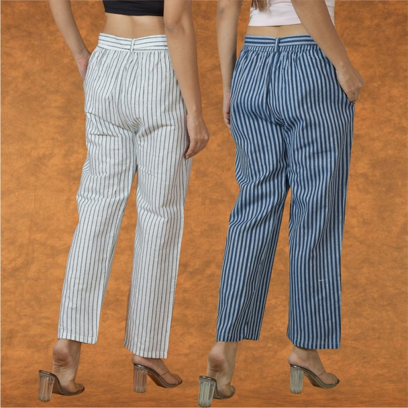 Combo of 2 Women Yellow Blue Cotton Checks Belt Pant-10087