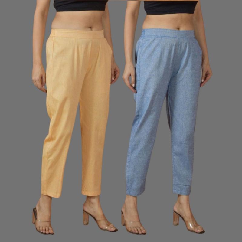 Combo of 2 Women Blue Yellow Cotton Trouser Pant-10109