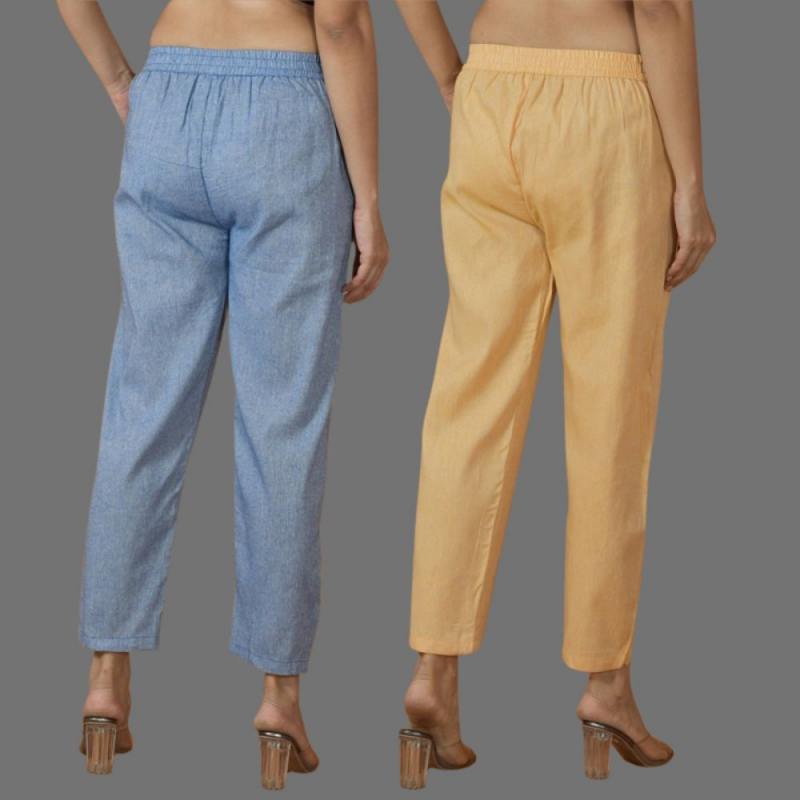 Combo of 2 Women Blue Yellow Cotton Trouser Pant-10109