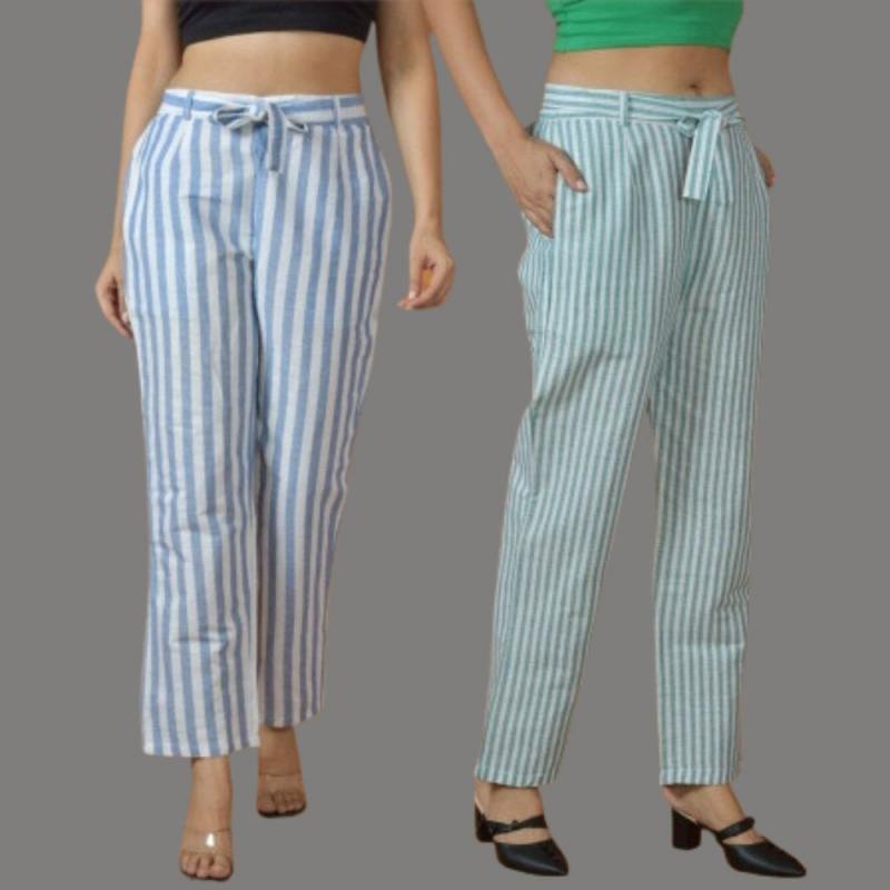 Combo of 2 Women Purple Blue Cotton Checks Belt Pant-10096