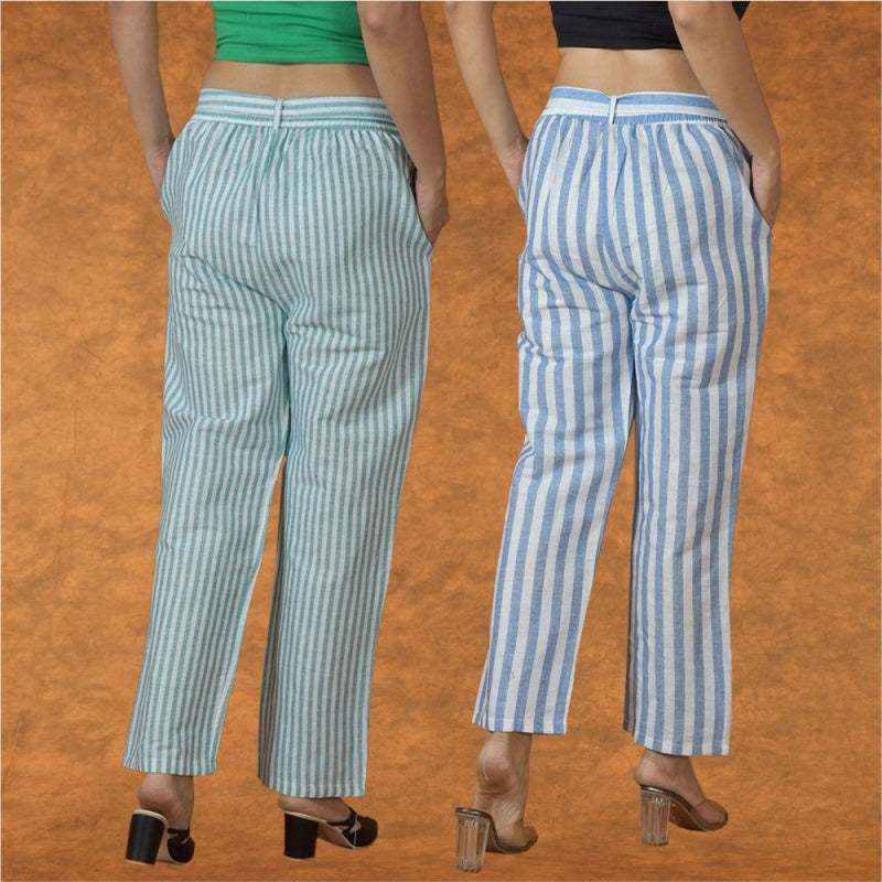 Combo of 2 Women Purple Blue Cotton Checks Belt Pant-10096