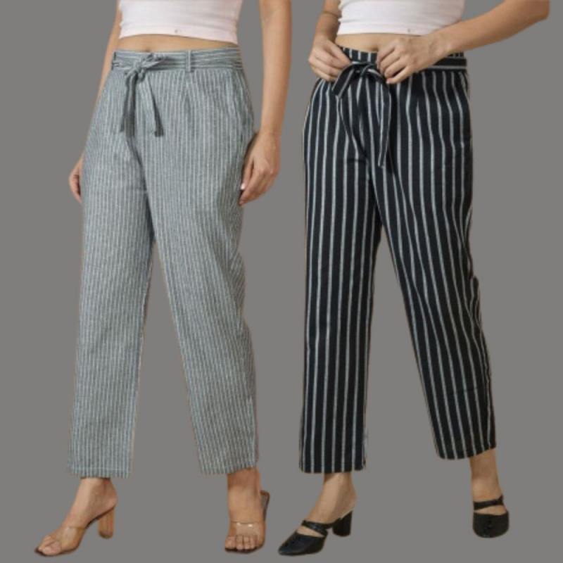 Combo of 2 Women Pink Black Cotton Checks Belt Pant-10076
