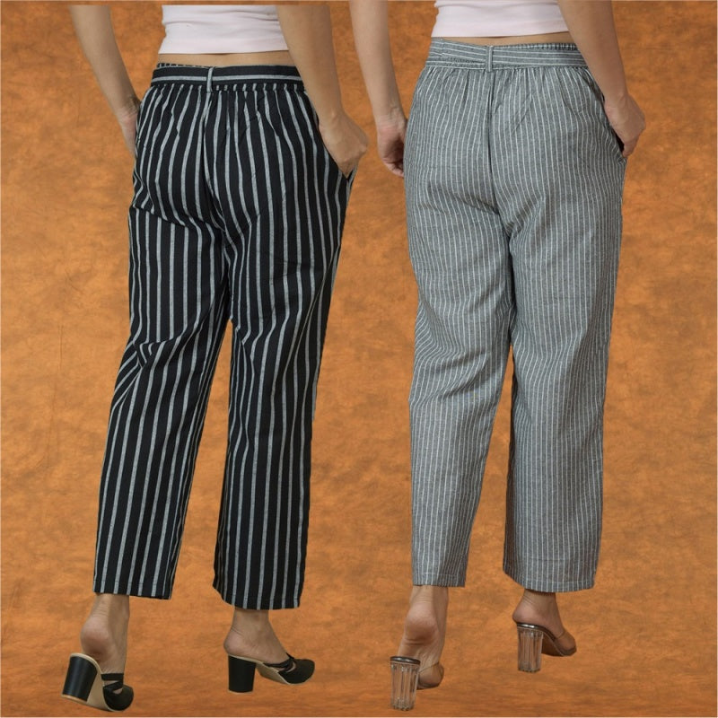 Combo of 2 Women Pink Black Cotton Checks Belt Pant-10076