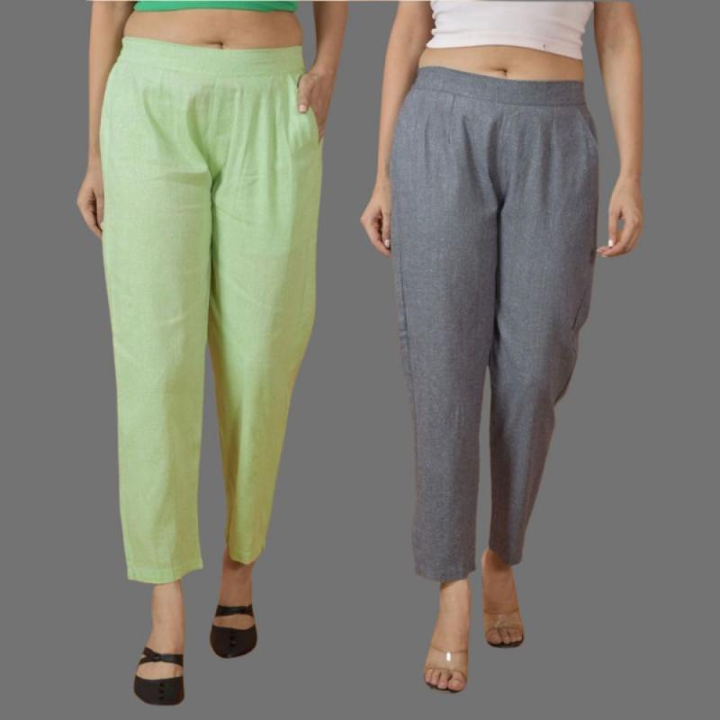 Combo of 2 Women Gray Mint Green Cotton Trouser Pant-10111
