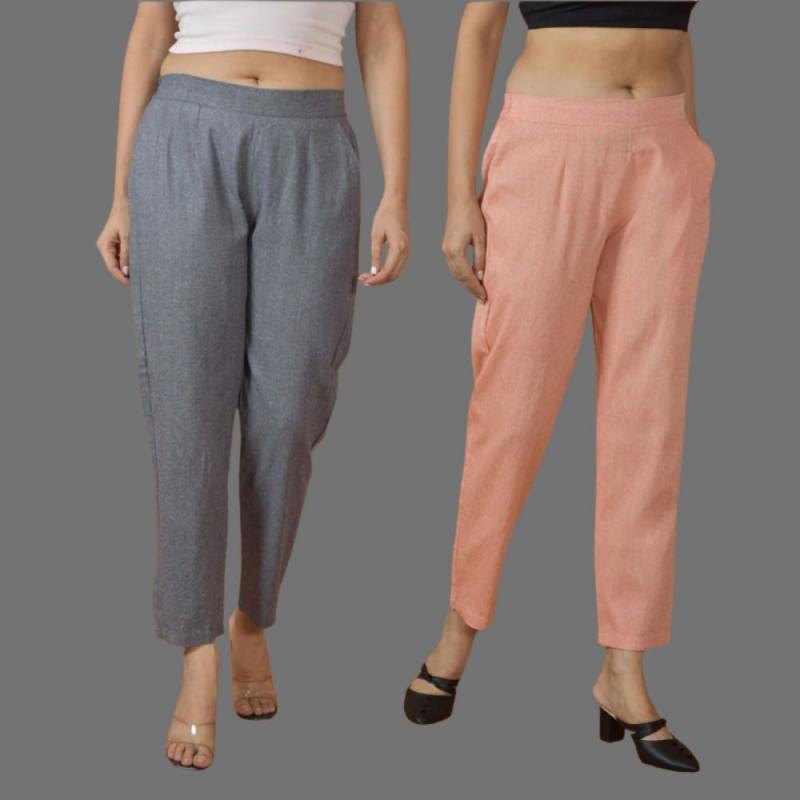 Combo of 2 Women Gray Peach Cotton Trouser Pant-10112