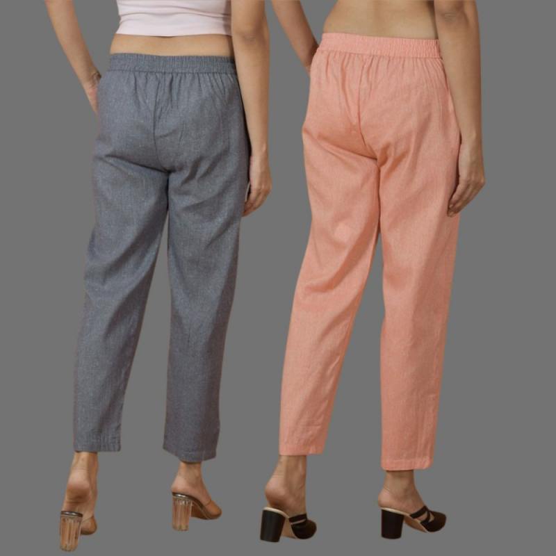 Combo of 2 Women Gray Peach Cotton Trouser Pant-10112