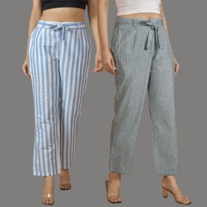 Combo of 2 Women Pink Blue Cotton Checks Belt Pant-10081