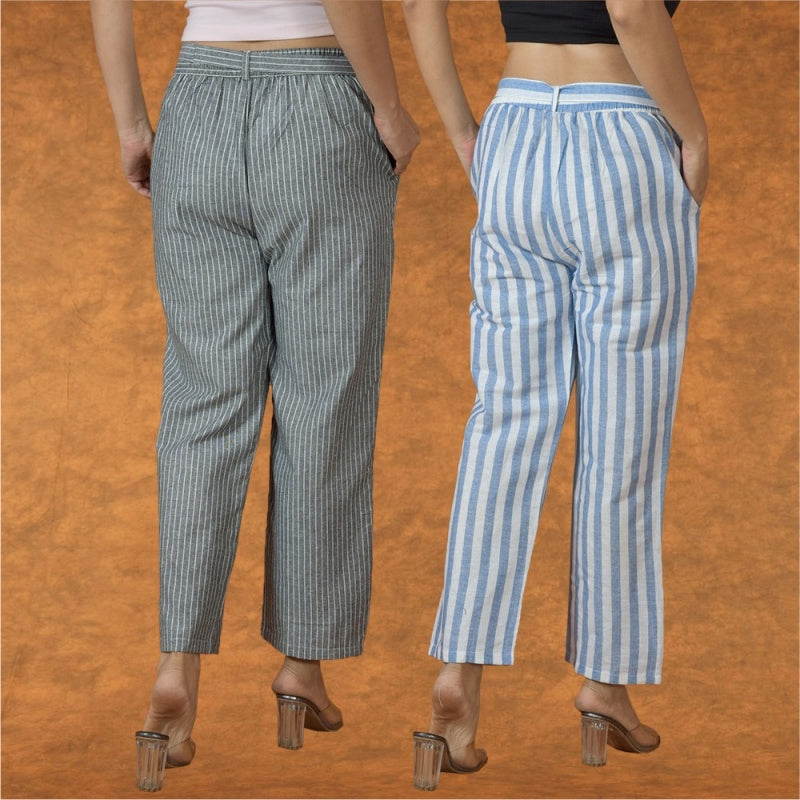 Combo of 2 Women Pink Blue Cotton Checks Belt Pant-10081
