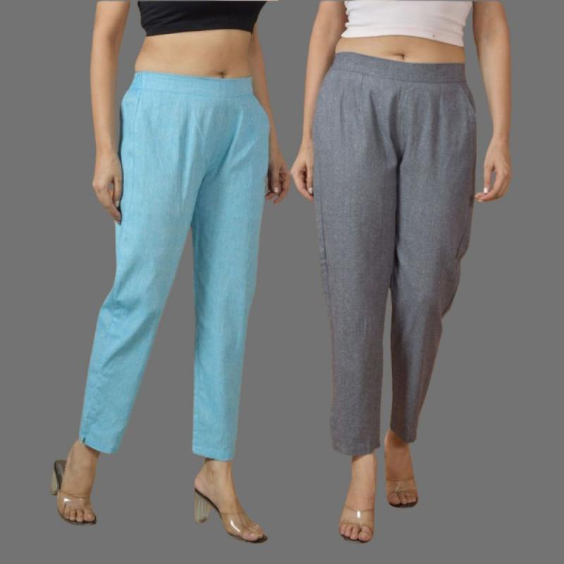 Combo of 2 Women Gray Sky Blue Cotton Trouser Pant-10113