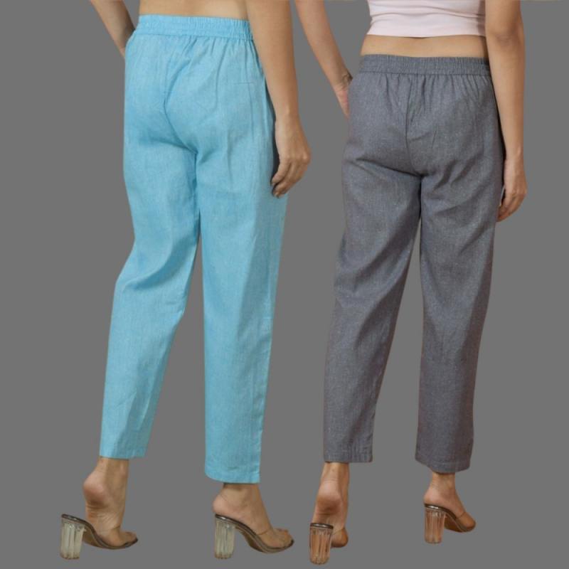 Combo of 2 Women Gray Sky Blue Cotton Trouser Pant-10113