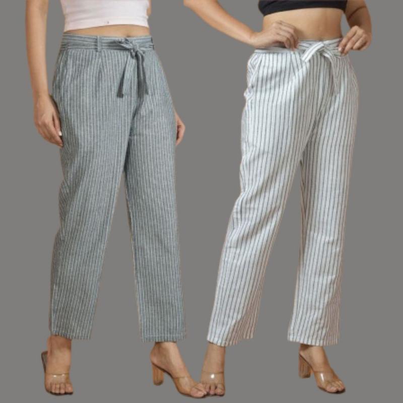 Combo of 2 Women Pink Blue Cotton Checks Belt Pant-10078