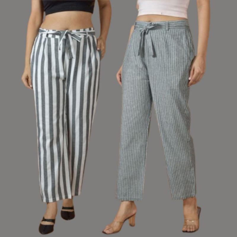 Combo of 2 Women Purple Maroon Cotton Checks Belt Pant-10079