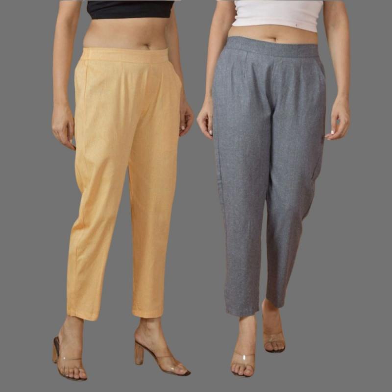 Combo of 2 Women Gray Yellow Cotton Trouser Pant-10114