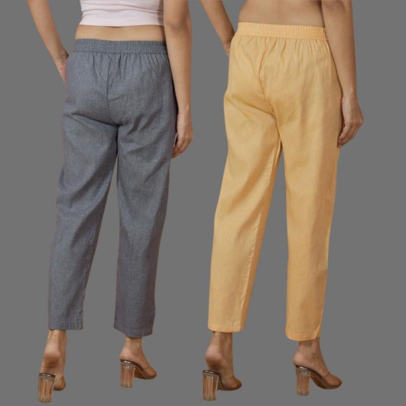 Combo of 2 Women Gray Yellow Cotton Trouser Pant-10114