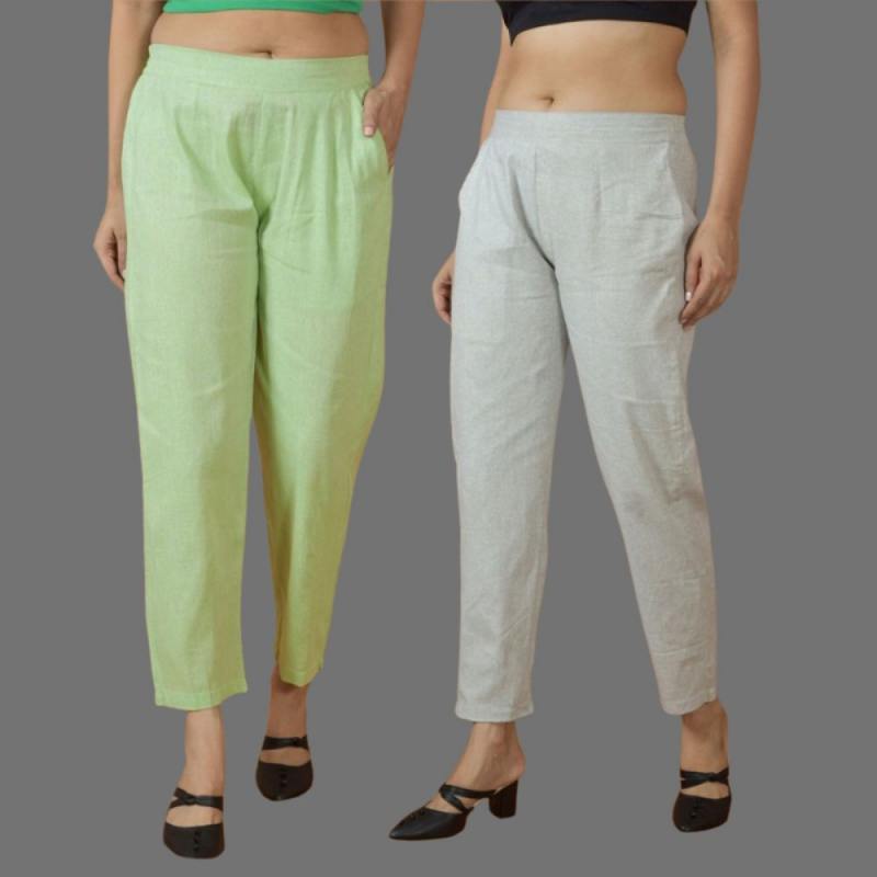 Combo of 2 Women Light Gray Mint Green Cotton Trouser Pant-10115