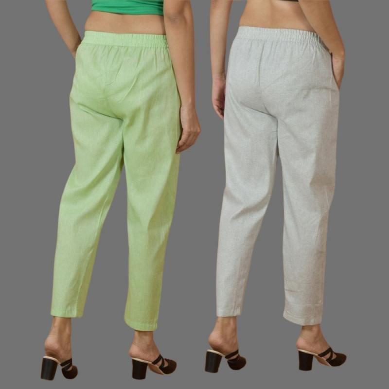 Combo of 2 Women Light Gray Mint Green Cotton Trouser Pant-10115
