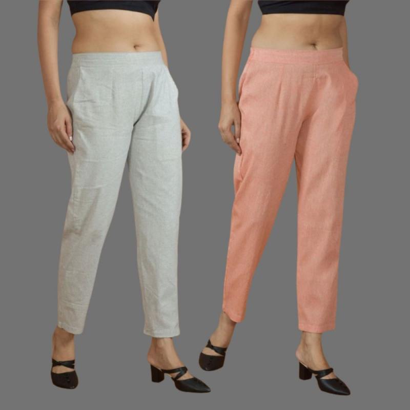 Combo of 2 Women Light Gray Peach Cotton Trouser Pant-10116