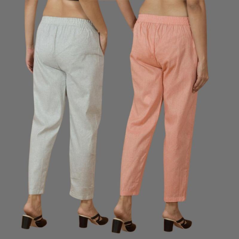 Combo of 2 Women Light Gray Peach Cotton Trouser Pant-10116
